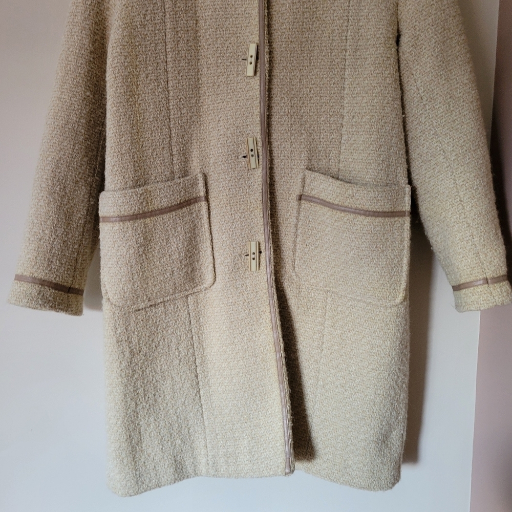 Vintage Women's Wool Blend Oatmeal Beige Tweed Hooded Duffle Coat Jacket Size 10 - Picture 5 of 10